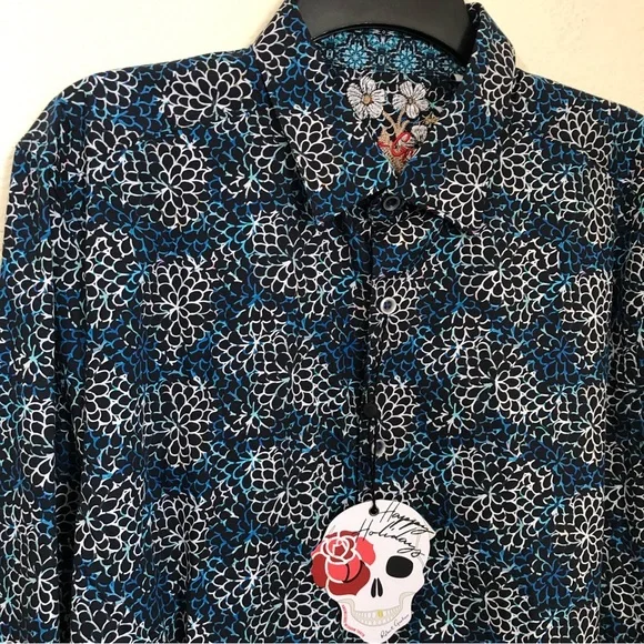 ROBERT GRAHAM Large Baltic Long Sleeve Shirt Flip Cuff Navy Floral Geometric NWT - Picture 1 of 13